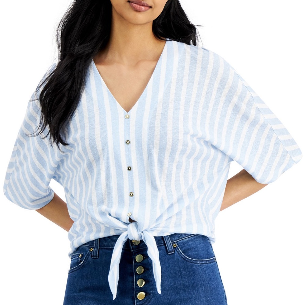 MICHAEL KORS New! Petite Striped Tie-Front Top - Picture 3 of 9